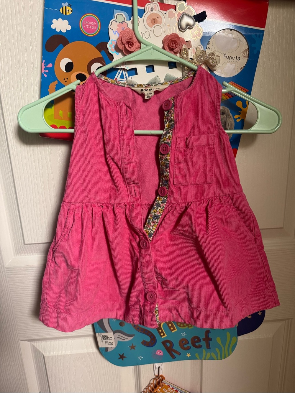 Baby Boden Girls Pink Corduroy Button Front Dress with Floral Accents 12-18 mo